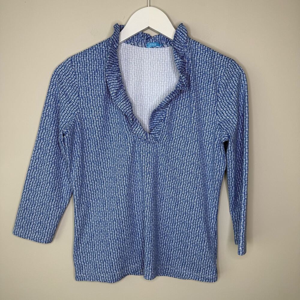 J. McLaughlin | Durham Ruffle Top Catalina Cloth Size Small Blue White